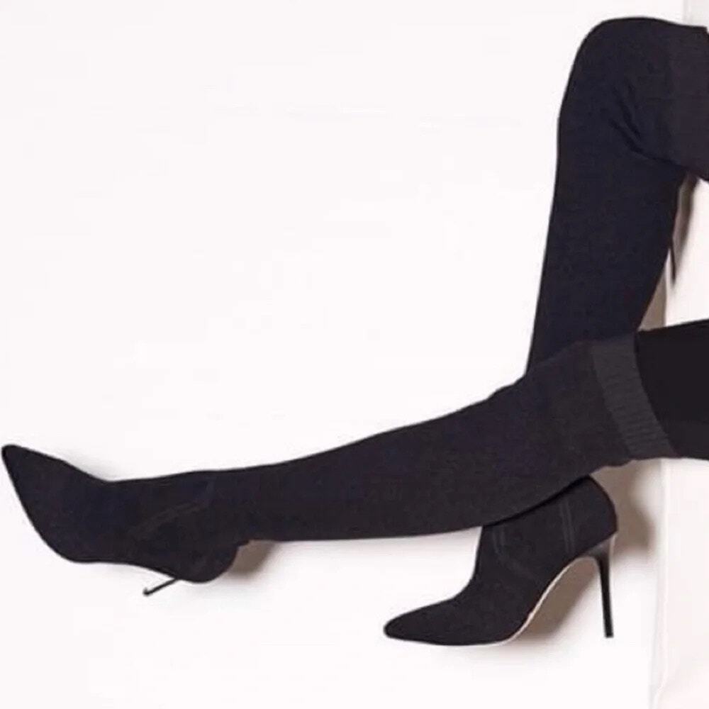 Paige Jessamine Stretch Knit Over The Knee Heeled Boots Sock Pointed Toe 7.5